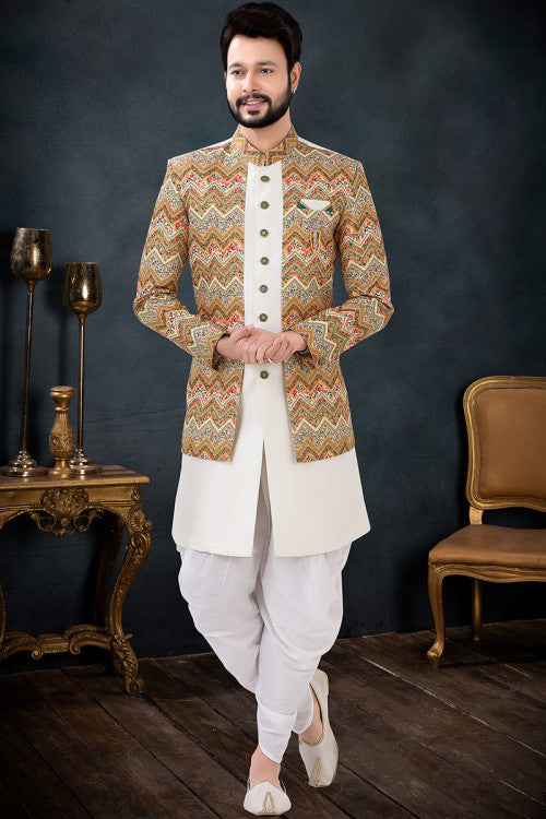 Cream Silk Indo Western Jacket Style Men Sherwani