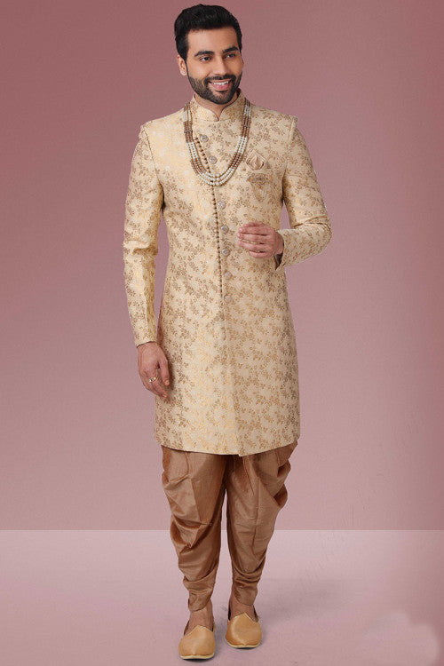 Dark Beige Brocade Indo-Western Woven Zari Men Sherwani