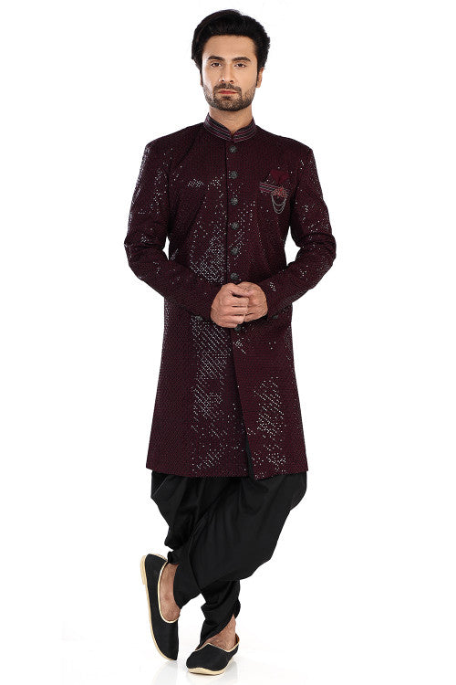 Dark Maroon Silk Embroidered Dhoti Style Men's Sherwani