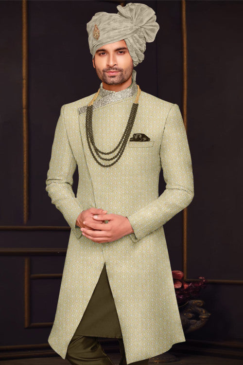 Dark Olive Brown Jacket Style Woven Zari Men's Sherwani