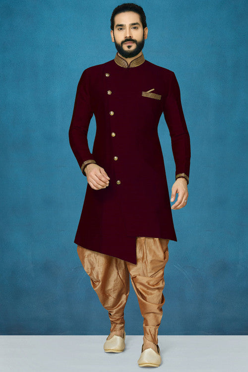 Dupion Silk Wine Maroon Men's Sherwani