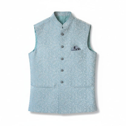 Men’s Sky Blue Jacquard Nehru Jacket – Elegant Festive & Wedding Wear