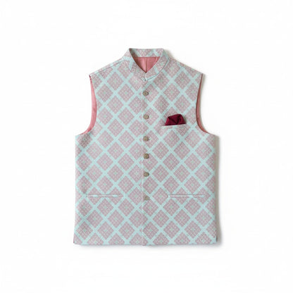 Men’s Pastel Pink Geometric Printed Nehru Jacket – Wedding & Festive Wear