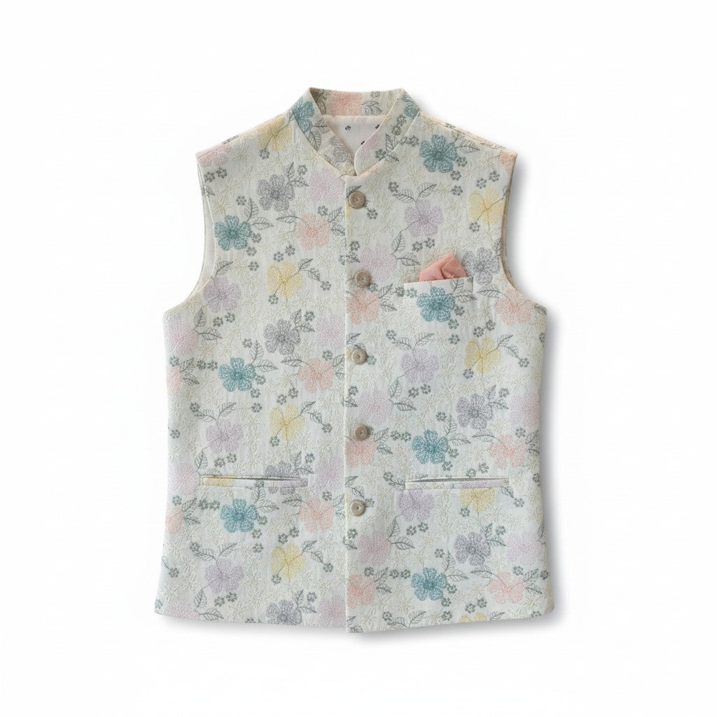 Men’s Pastel Floral Printed Nehru Jacket - Elegant Daytime Festive Wear