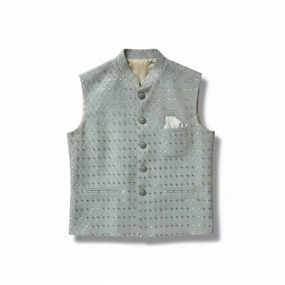 Men’s Sea Green Mirror Work Nehru Jacket – Elegant Wedding & Festive Wear