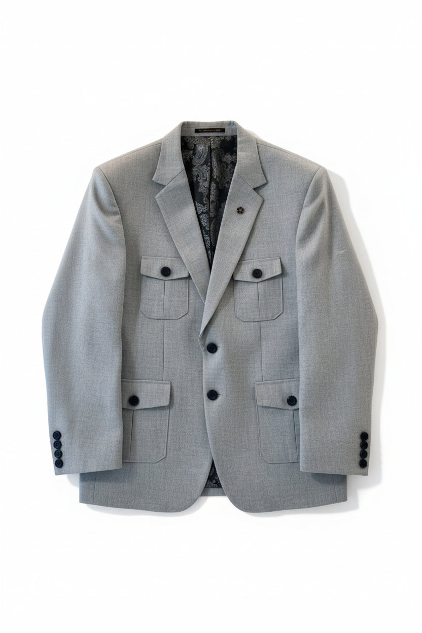 Men’s Light Grey Utility Pocket Blazer – Modern Smart Casual Jacket