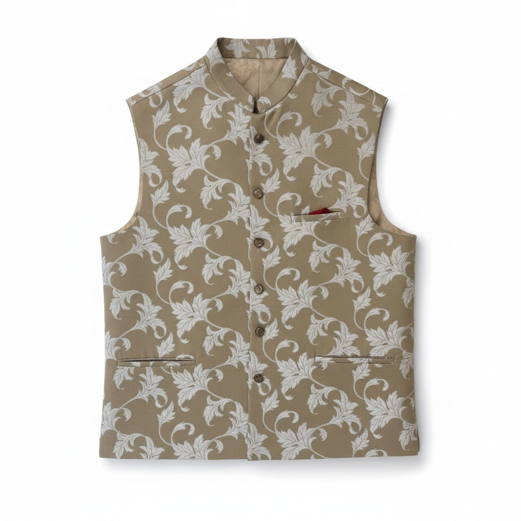 Men’s Beige Floral Embroidered Nehru Jacket – Elegant Festive & Wedding Wear