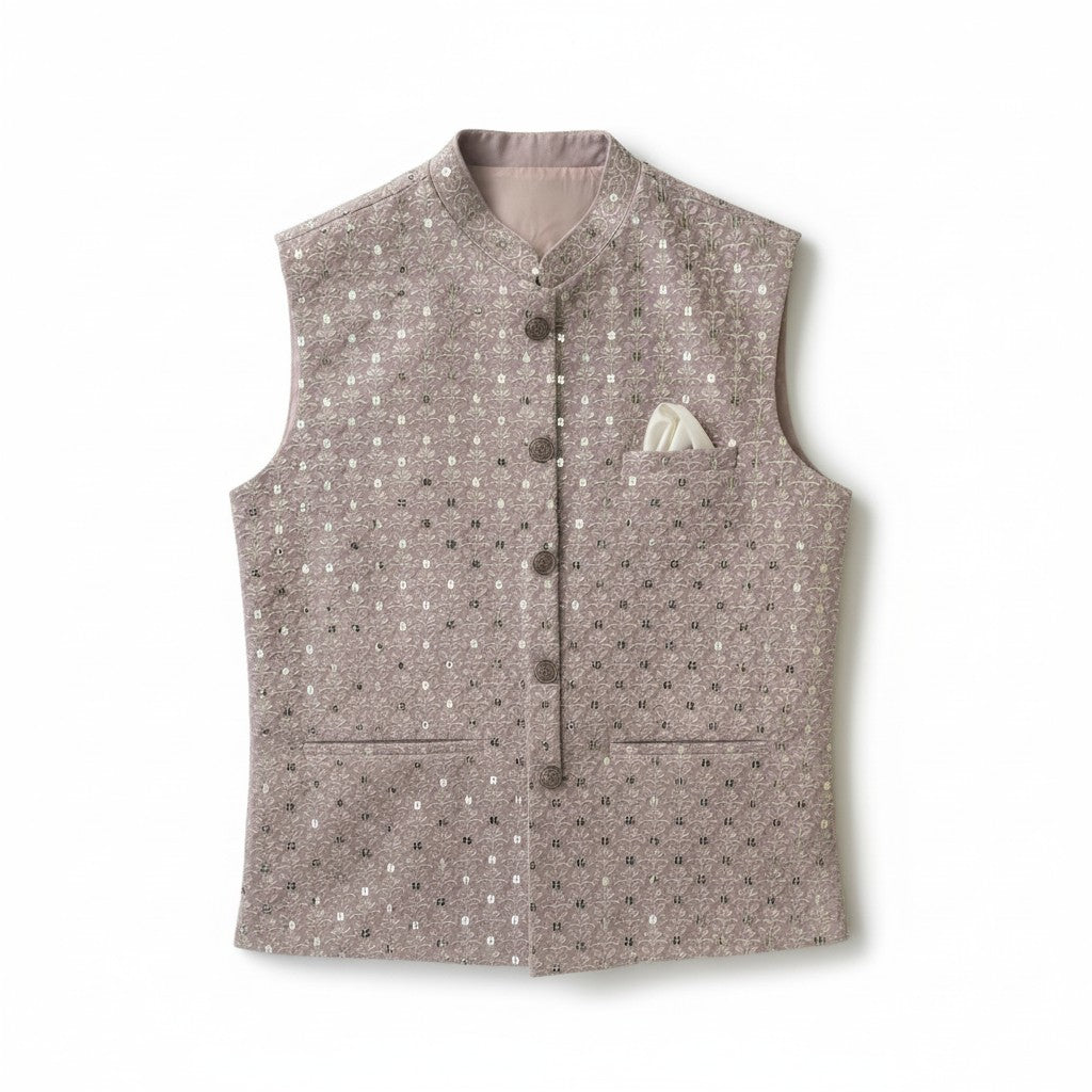 Men’s Dusty Rose Mirror-Embroidered Nehru Jacket – Luxe Wedding Wear