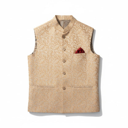 Men’s Beige Gold Jacquard Nehru Jacket – Classic Wedding & Festive Wear