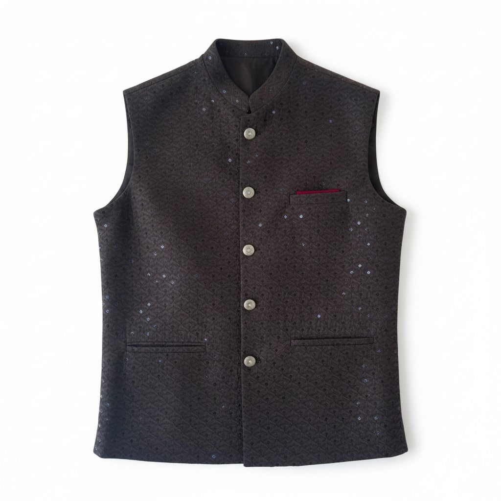 Men’s Chocolate Brown Sequin-Embellished Nehru Jacket – Elegant Festive Wear