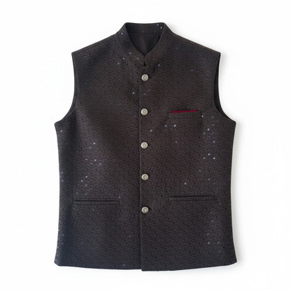 Men’s Chocolate Brown Sequin-Embellished Nehru Jacket – Elegant Festive Wear