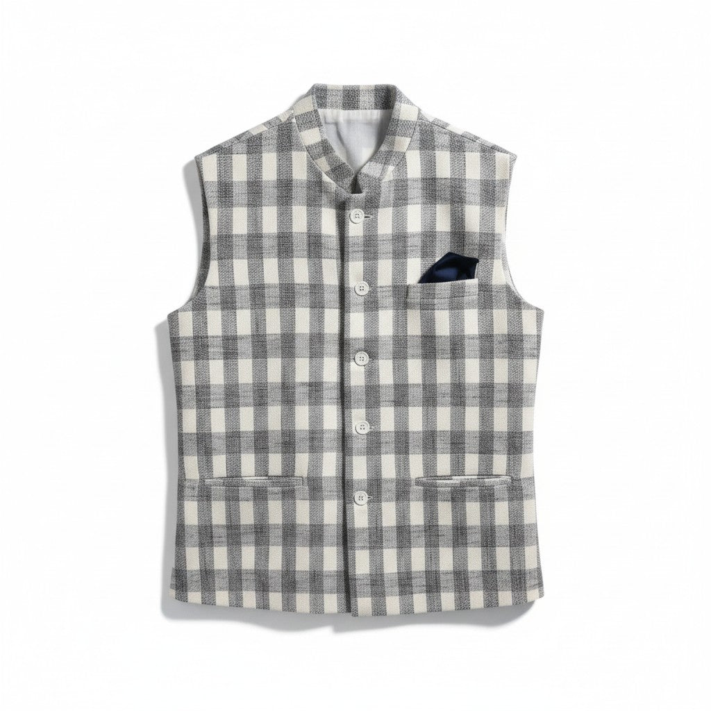 Men’s Grey Checkered Nehru Jacket – Classic Plaid Formal & Festive Wear