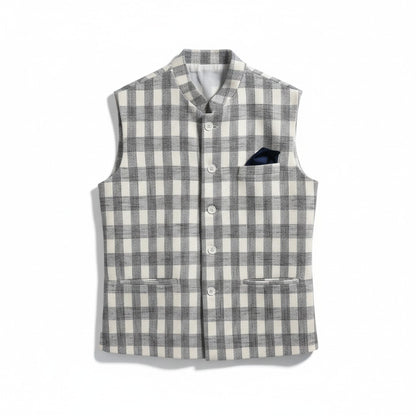 Men’s Grey Checkered Nehru Jacket – Classic Plaid Formal & Festive Wear