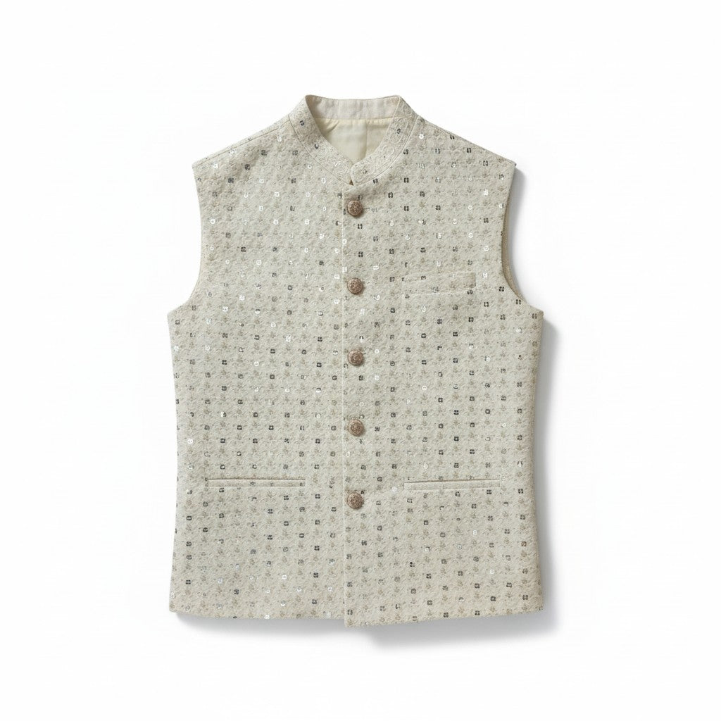Men’s Ivory Sequin Embroidered Nehru Jacket – Luxe Wedding & Festive Wear