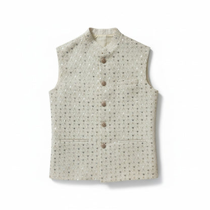 Men’s Ivory Sequin Embroidered Nehru Jacket – Luxe Wedding & Festive Wear