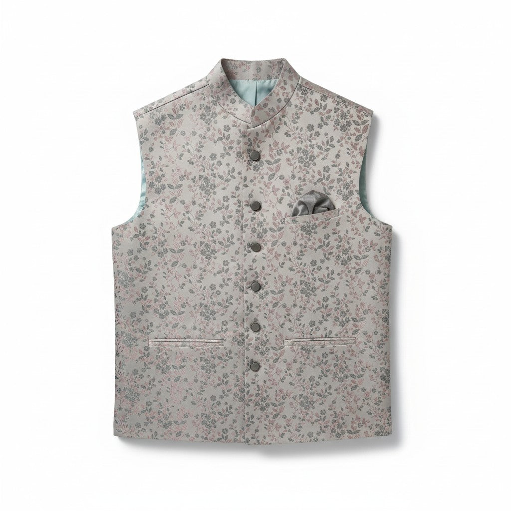 Men’s Pastel Floral Printed Nehru Jacket – Soft Pink & Grey Festive Wear