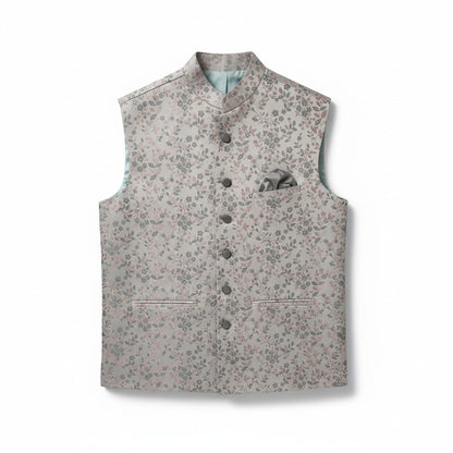 Men’s Pastel Floral Printed Nehru Jacket – Soft Pink & Grey Festive Wear