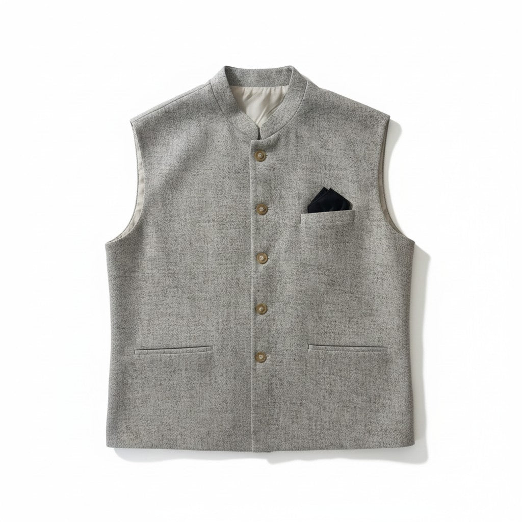 Men’s Light Grey Textured Nehru Jacket – Minimal Classic Ethnic Layer
