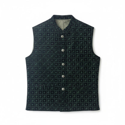 Men’s Dark Green Geometric Embroidered Nehru Jacket – Festive & Wedding Wear