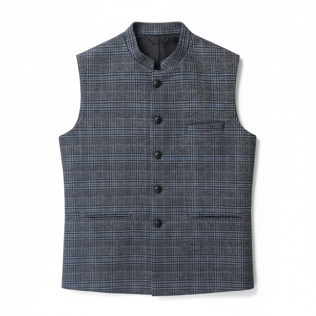 Men’s Navy Checkered Textured Nehru Jacket – Modern Festive & Casual Wear