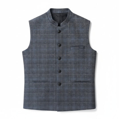 Men’s Navy Checkered Textured Nehru Jacket – Modern Festive & Casual Wear