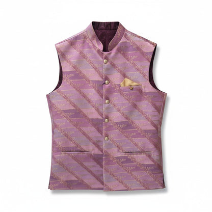 Men’s Mauve Gold Diagonal Brocade Nehru Jacket – Luxe Festive & Wedding Wear