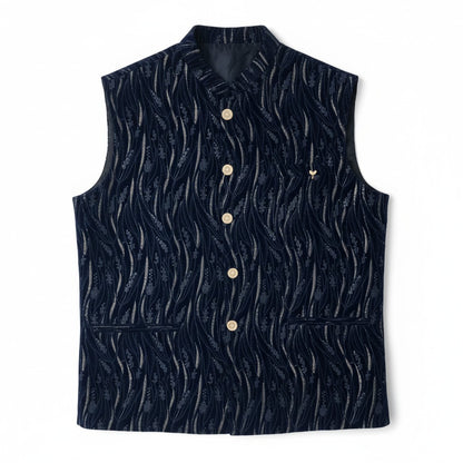 Men’s Navy Textured Embroidered Nehru Jacket – Luxe Festive & Wedding Wear