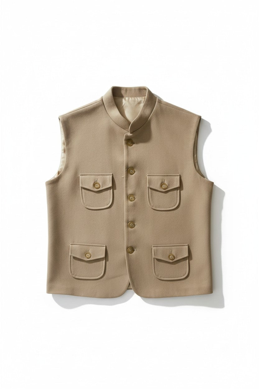 Men’s Beige Safari Pocket Nehru Jacket – Contemporary Indo-Western Layer