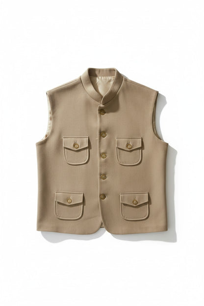 Men’s Beige Safari Pocket Nehru Jacket – Contemporary Indo-Western Layer