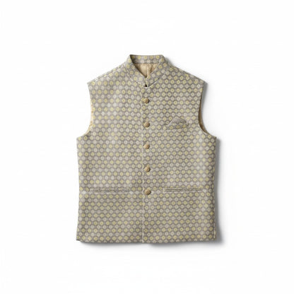 Men’s Beige Textured Jacquard Nehru Jacket – Elegant Festive & Wedding Wear