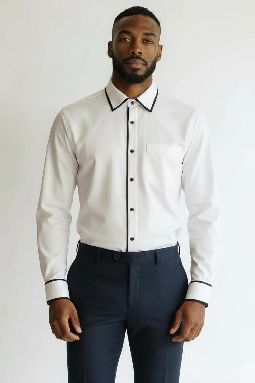 Men’s White Long-Sleeve Dress Shirt with Black Contrast Trim – Refined Detailing, Timeless Appeal
