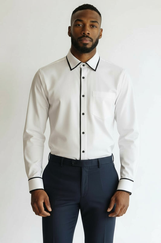 Men’s White Long-Sleeve Dress Shirt with Black Contrast Trim – Refined Detailing, Timeless Appeal