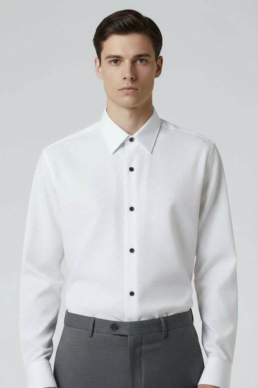 Men’s White Dress Shirt With Black Buttons – Slim Fit Classic Formal Shirt