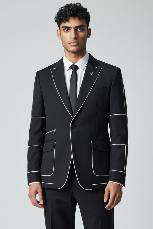 Men’s Black Contrast Piping Suit – Modern Designer Formal Wear