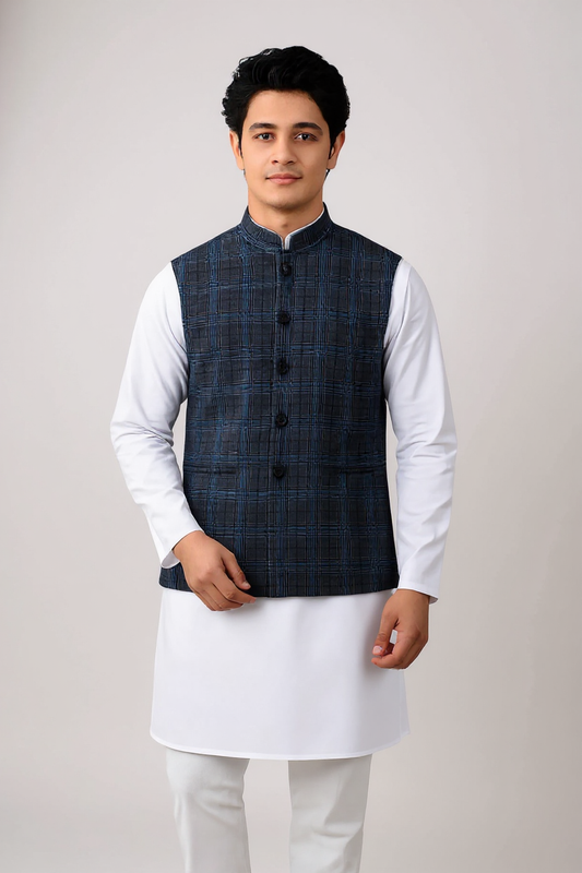 Men’s Navy Checkered Textured Nehru Jacket – Modern Festive & Casual Wear