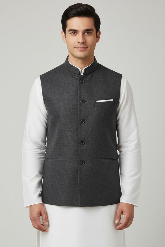 Men’s Charcoal Textured Nehru Jacket – Classic Formal Waistcoat
