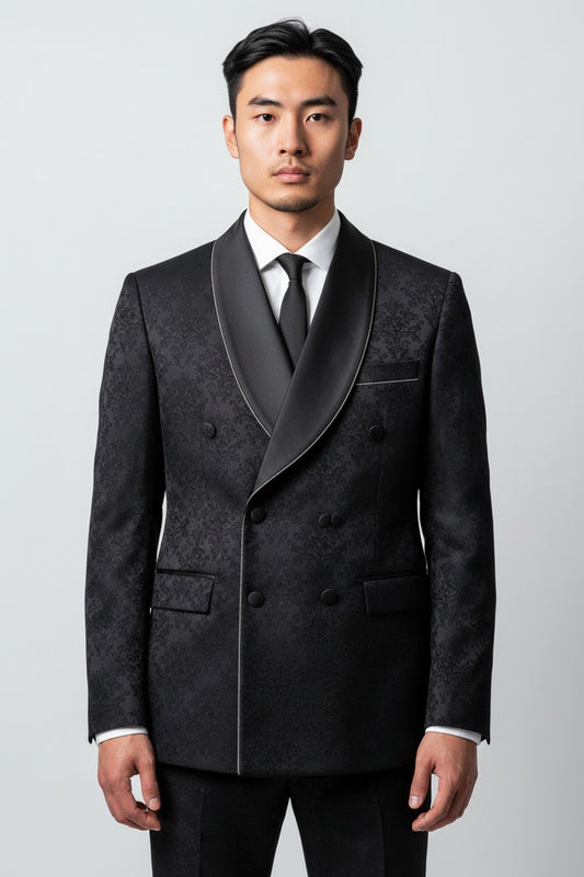 Men’s Black Jacquard Double-Breasted Tuxedo – Luxury Formalwear