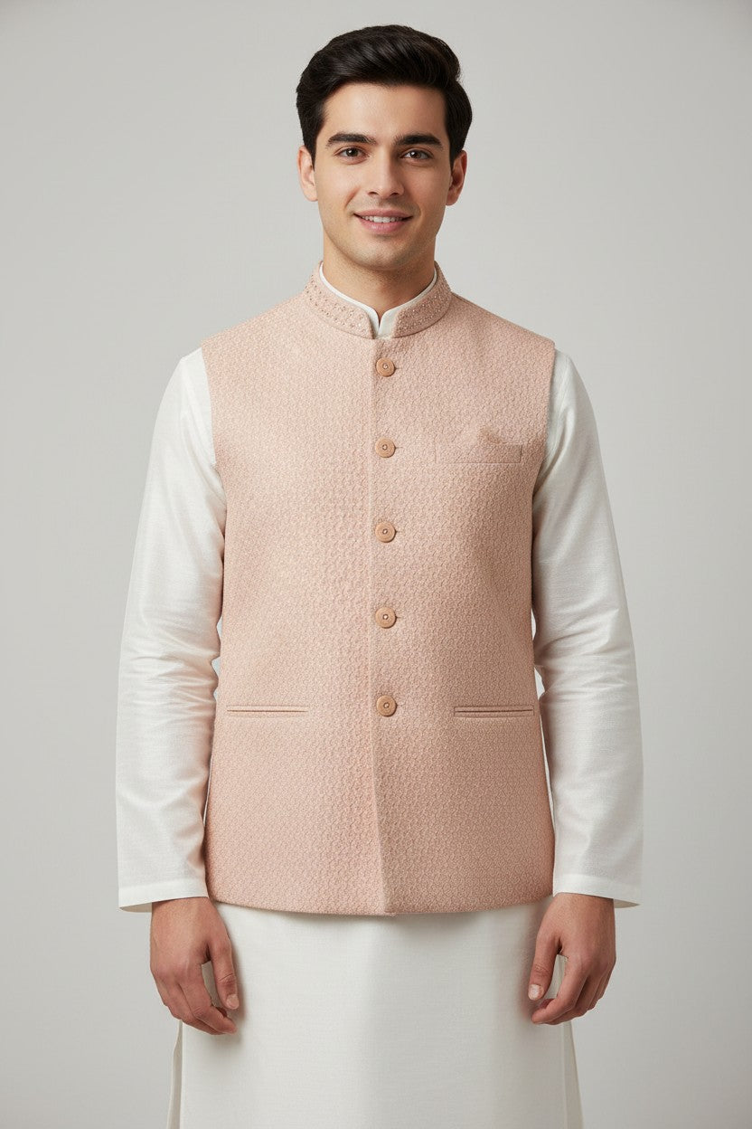Men’s Pastel Peach Textured Nehru Jacket – Elegant Festive & Wedding Wear