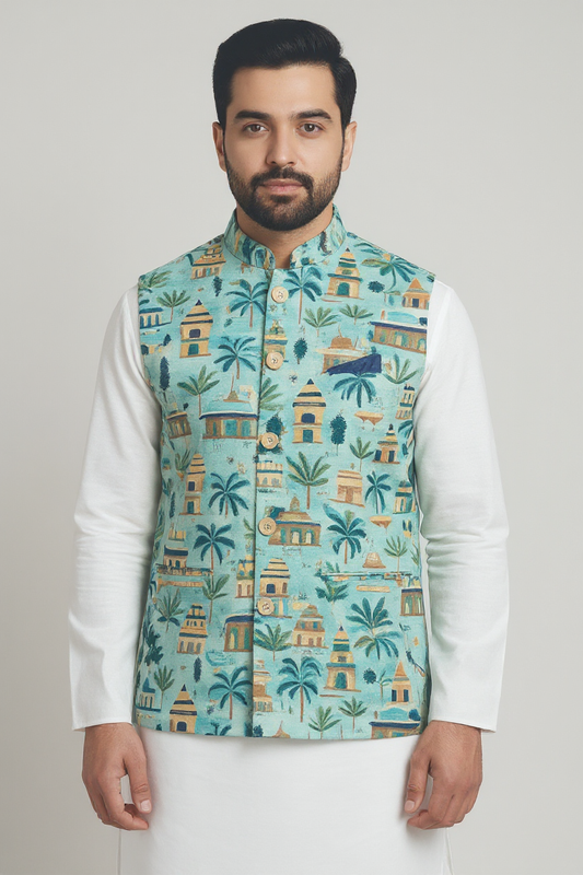 Men’s Aqua Heritage Print Nehru Jacket – Festive & Contemporary Designer Wear