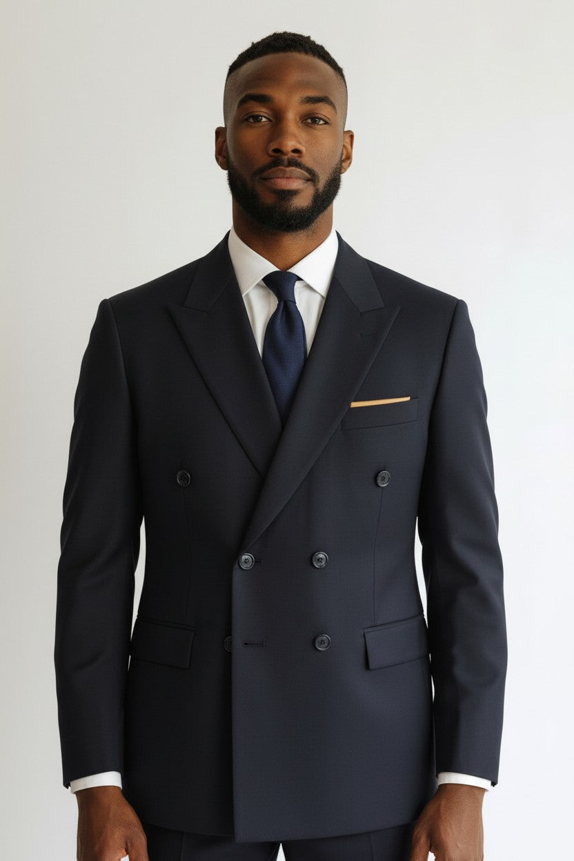 Men’s Navy Double-Breasted Suit – Tailored Peak Lapel Formalwear