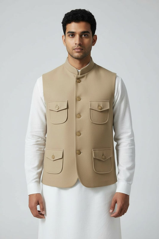 Men’s Beige Safari Pocket Nehru Jacket – Contemporary Indo-Western Layer
