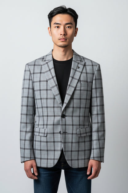 Men’s Light Grey Plaid Check Blazer – Modern Tailored Smart Casual