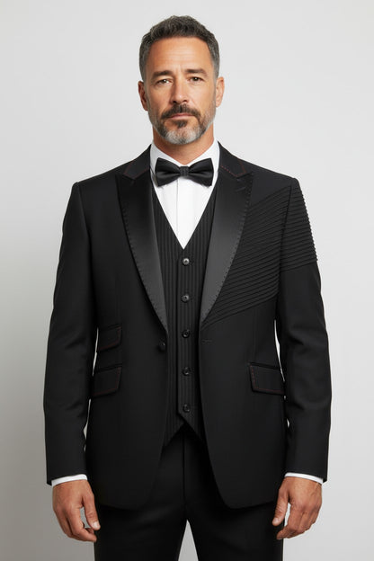 Men’s Black Pleated-Shoulder Tuxedo – Luxury 3-Piece Designer Suit