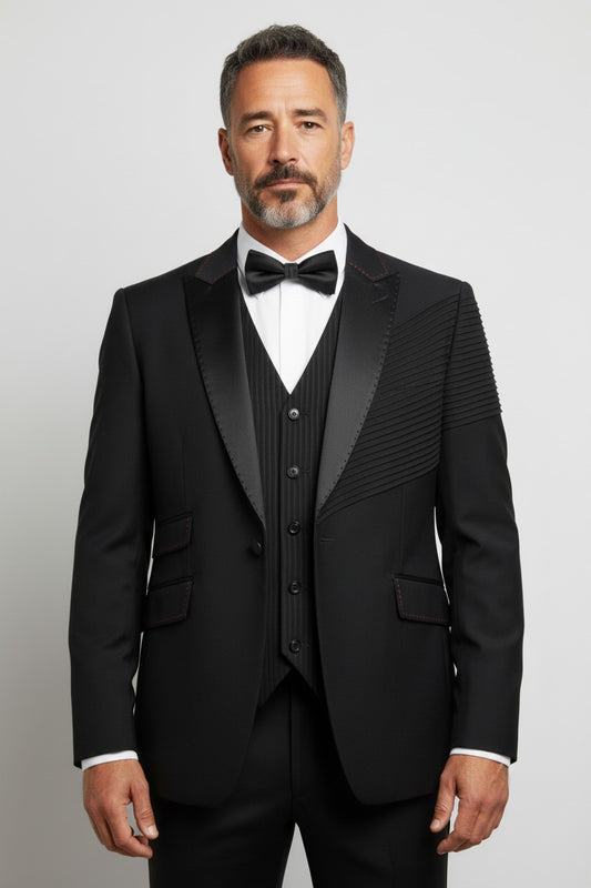 Men’s Black Pleated-Shoulder Tuxedo – Luxury 3-Piece Designer Suit