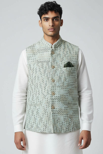 Men’s Mint Green Textured Pattern Nehru Jacket – Elegant Festive Wear