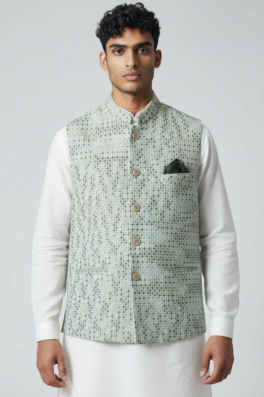 Men’s Mint Green Textured Pattern Nehru Jacket – Elegant Festive Wear