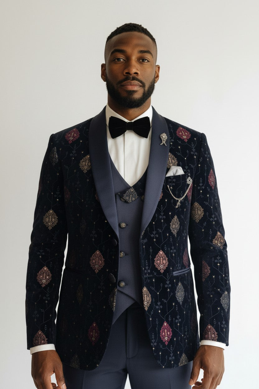 Men’s Navy Velvet Embroidered Tuxedo – 3-Piece Designer Shawl Lapel Set