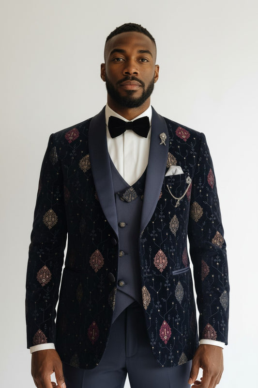 Men’s Navy Velvet Embroidered Tuxedo – 3-Piece Designer Shawl Lapel Set