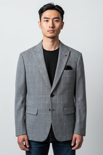 Men’s Grey Textured Check Blazer – Modern Tailored Smart Casual