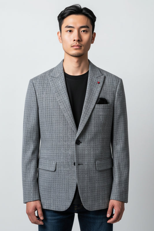 Men’s Grey Textured Check Blazer – Modern Tailored Smart Casual